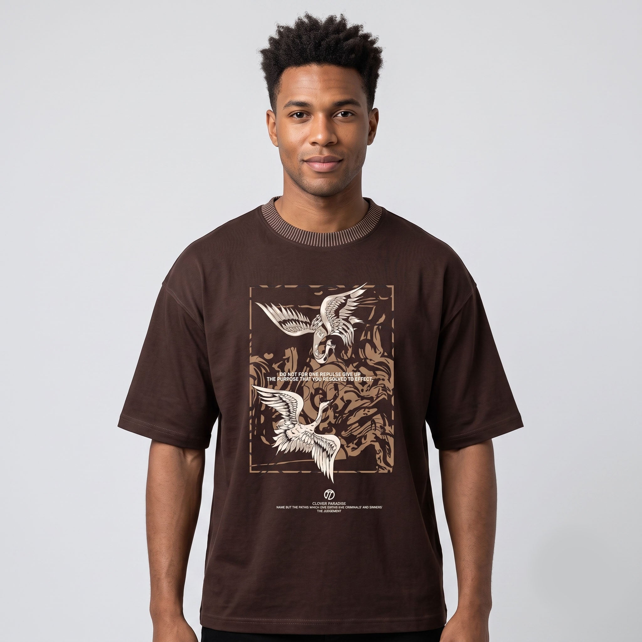 Men's Flying Crane Graphic Oversized Brown T-Shirt