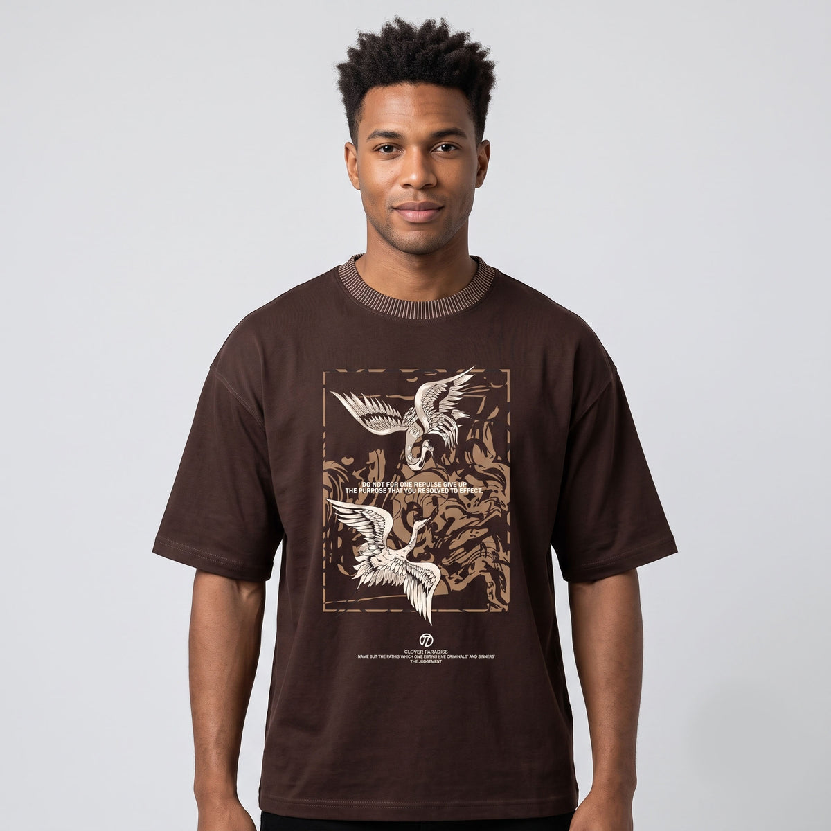 Men's Flying Crane Graphic Oversized Brown T-Shirt