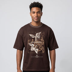 Men's Flying Crane Graphic Oversized Brown T-Shirt