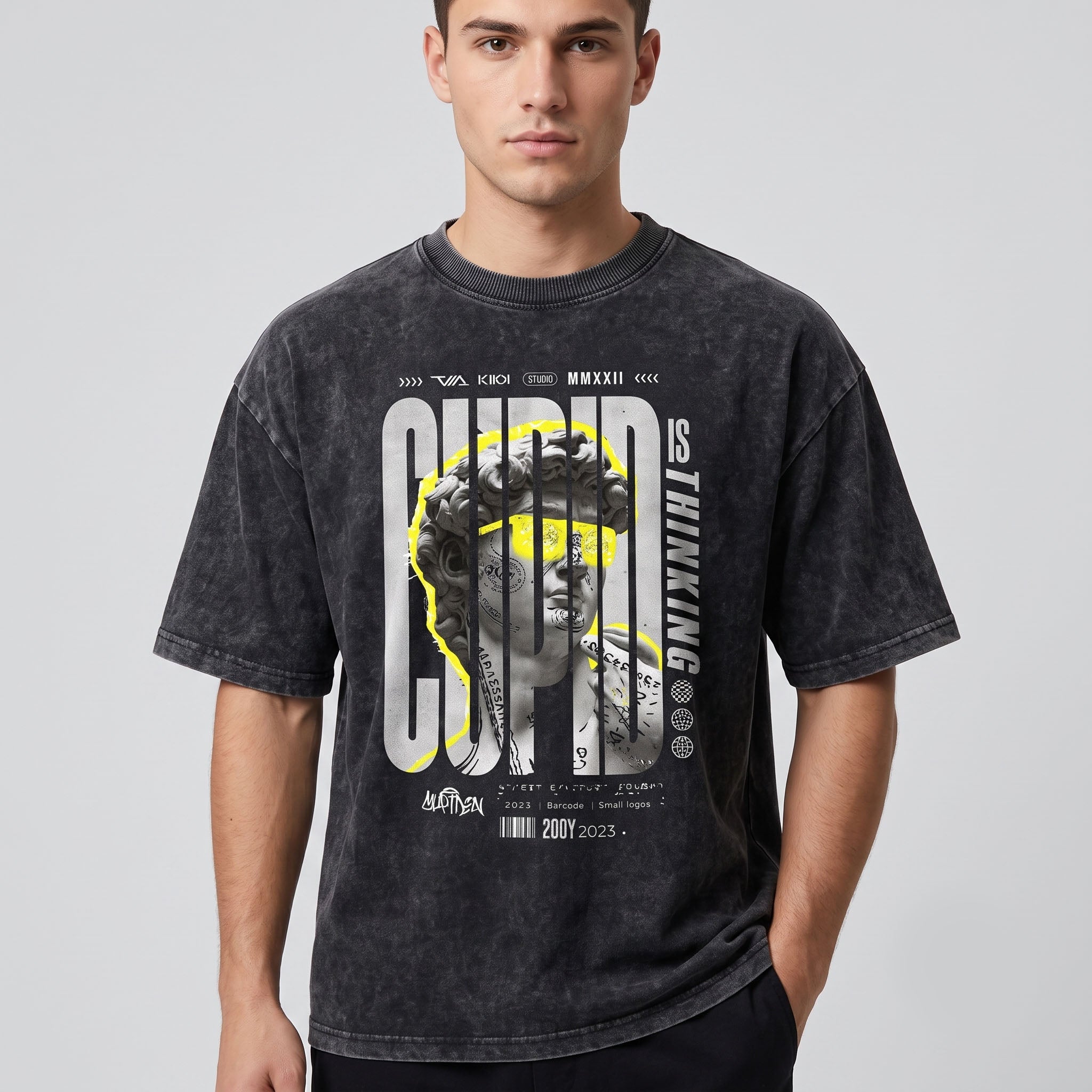 Men's Cupid Statue Graphic Oversized Vintage Grey T-Shirt
