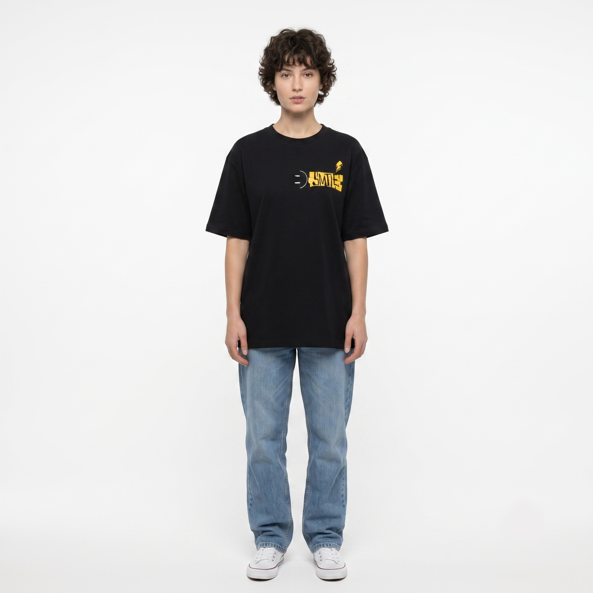 Women's Smile Graphic Oversized Black T-Shirt