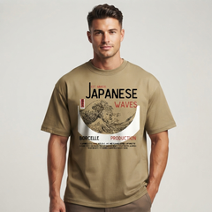 Unisex Japanese Wave Graphic Beige Oversized T-Shirt