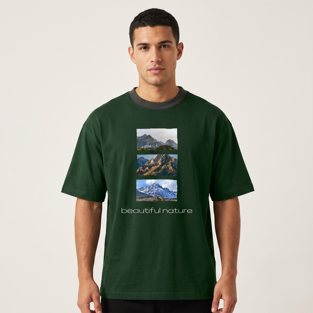 Men's Nature Graphic Oversized Dark Green T-Shirt