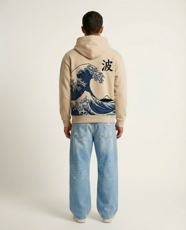 The "Street Wave" Beige Over-Sized Hoodie | PEPZ Graffiti x Hokusai Back Print