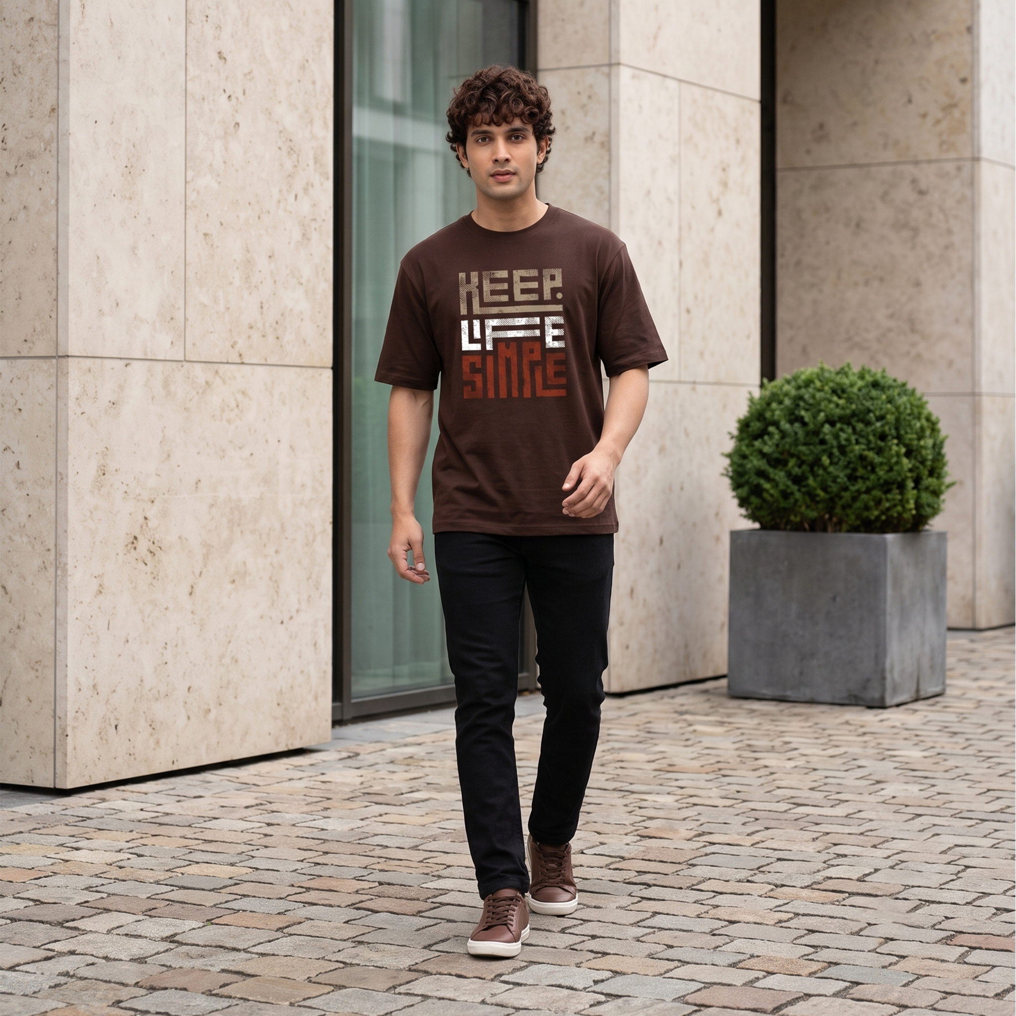 Men's Keep Life Simple Typography Oversized Brown T-Shirt