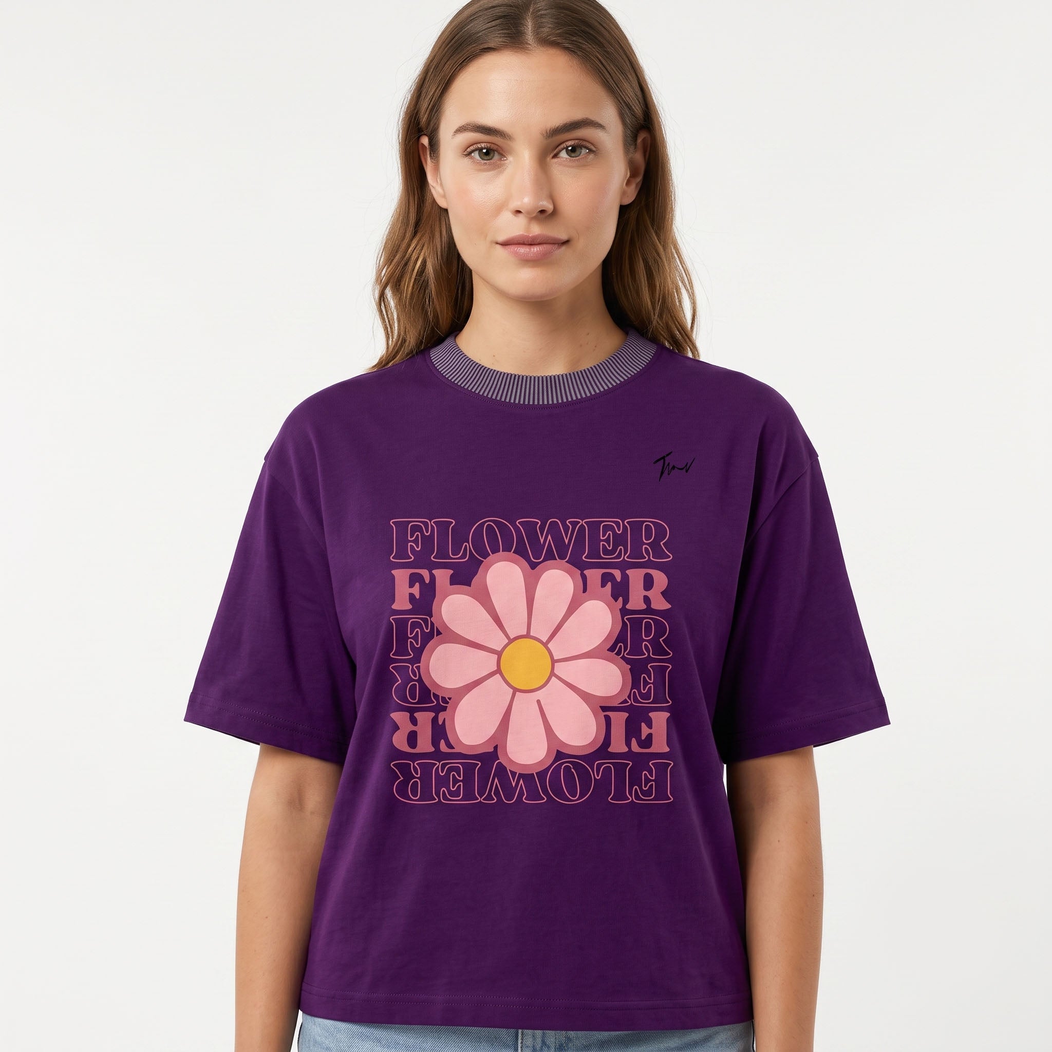 Women's Purple Flower Graphic Oversized T-Shirt