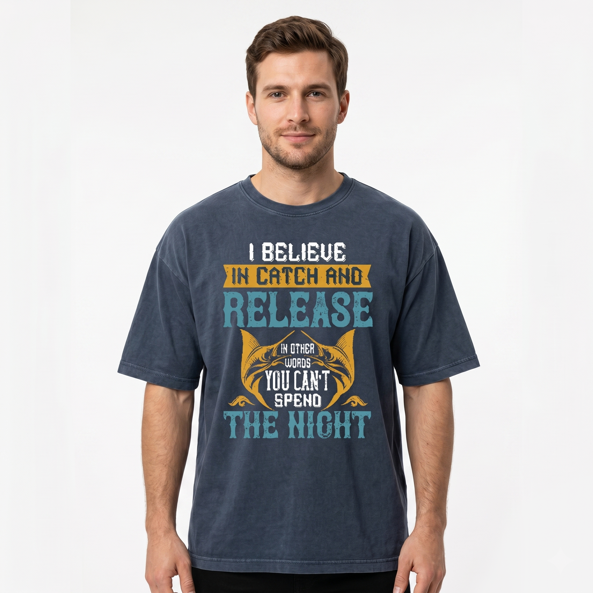 Men's Dark Grey Humorous Catch & Release Oversized T-Shirt