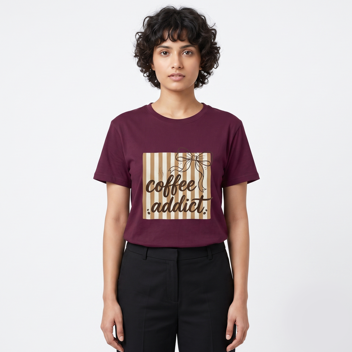 Women's Coffee Addict Graphic Oversized Maroon T-Shirt