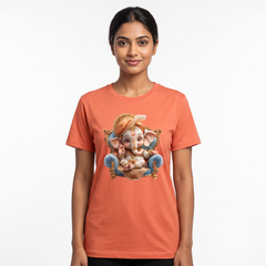 Women's Coral Orange Baby Ganesha Graphic T-Shirt