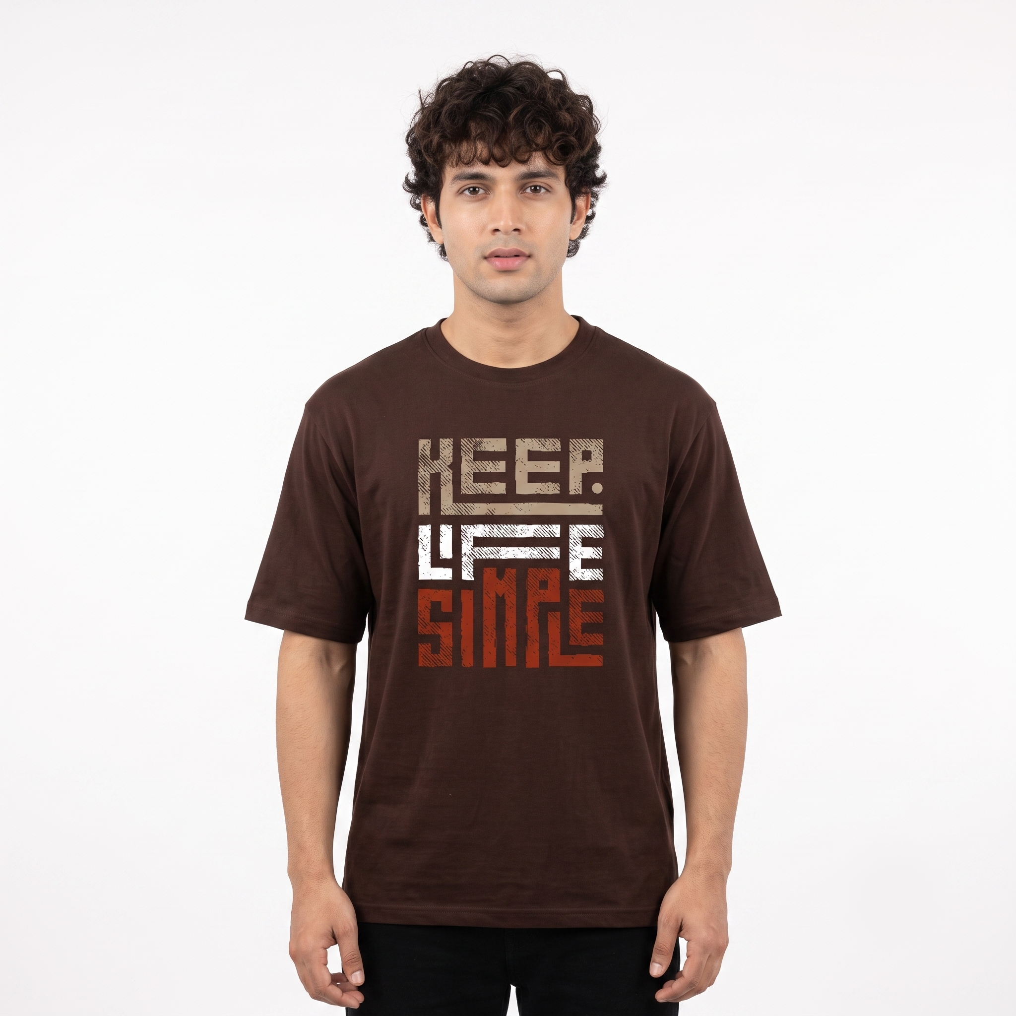 Men's Keep Life Simple Typography Oversized Brown T-Shirt