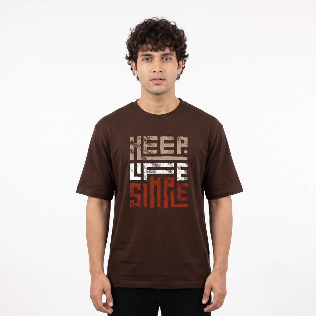 Men's Keep Life Simple Typography Oversized Brown T-Shirt