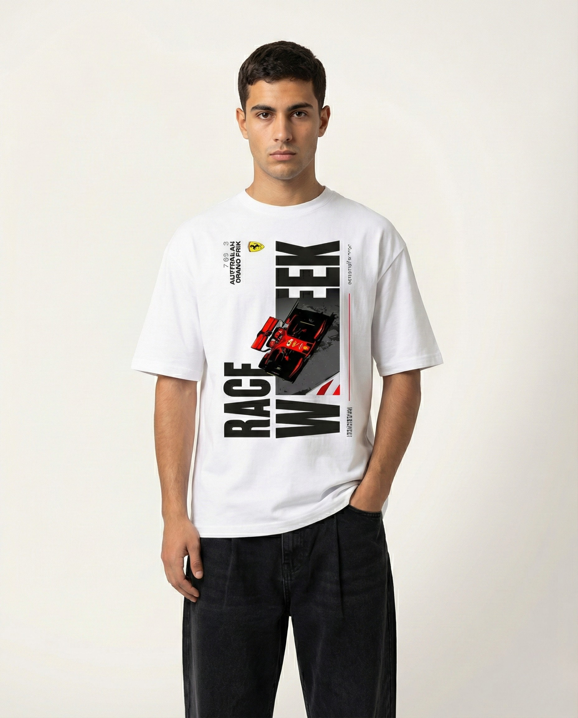 Beige Race Week F1 Graphic Oversized T-Shirt