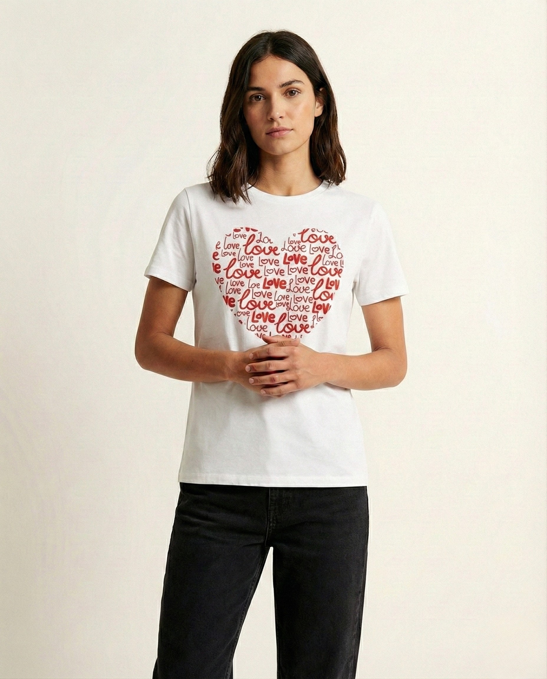 White Love Heart Graphic Tee - Cotton Regular Fit