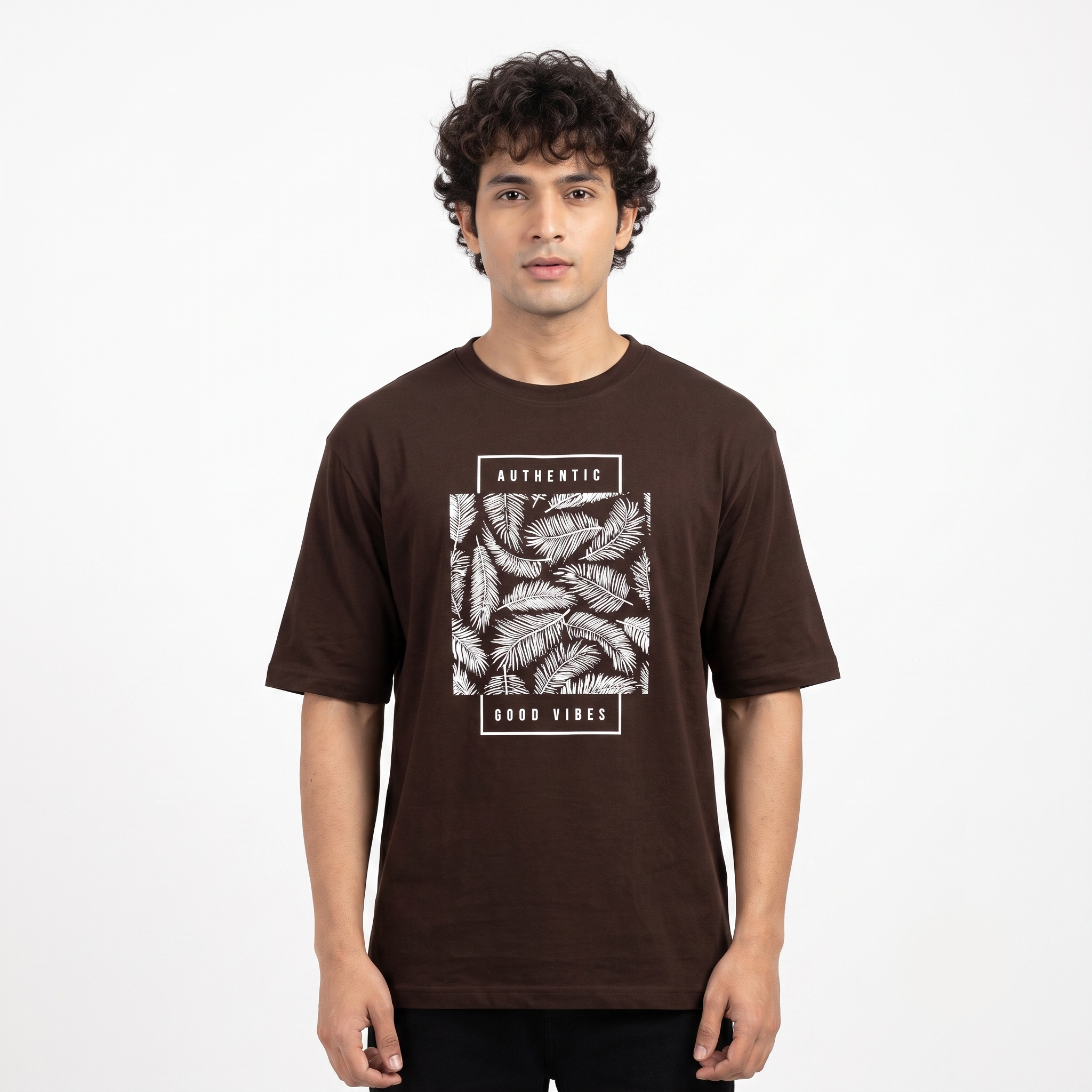 Men's Authentic Good Vibes Graphic Oversized Brown T-Shirt