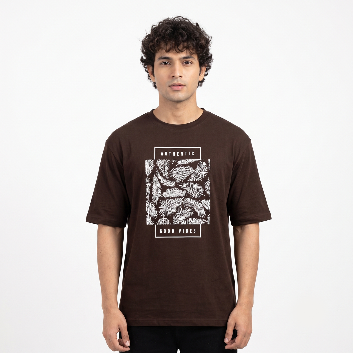 Men's Authentic Good Vibes Graphic Oversized Brown T-Shirt