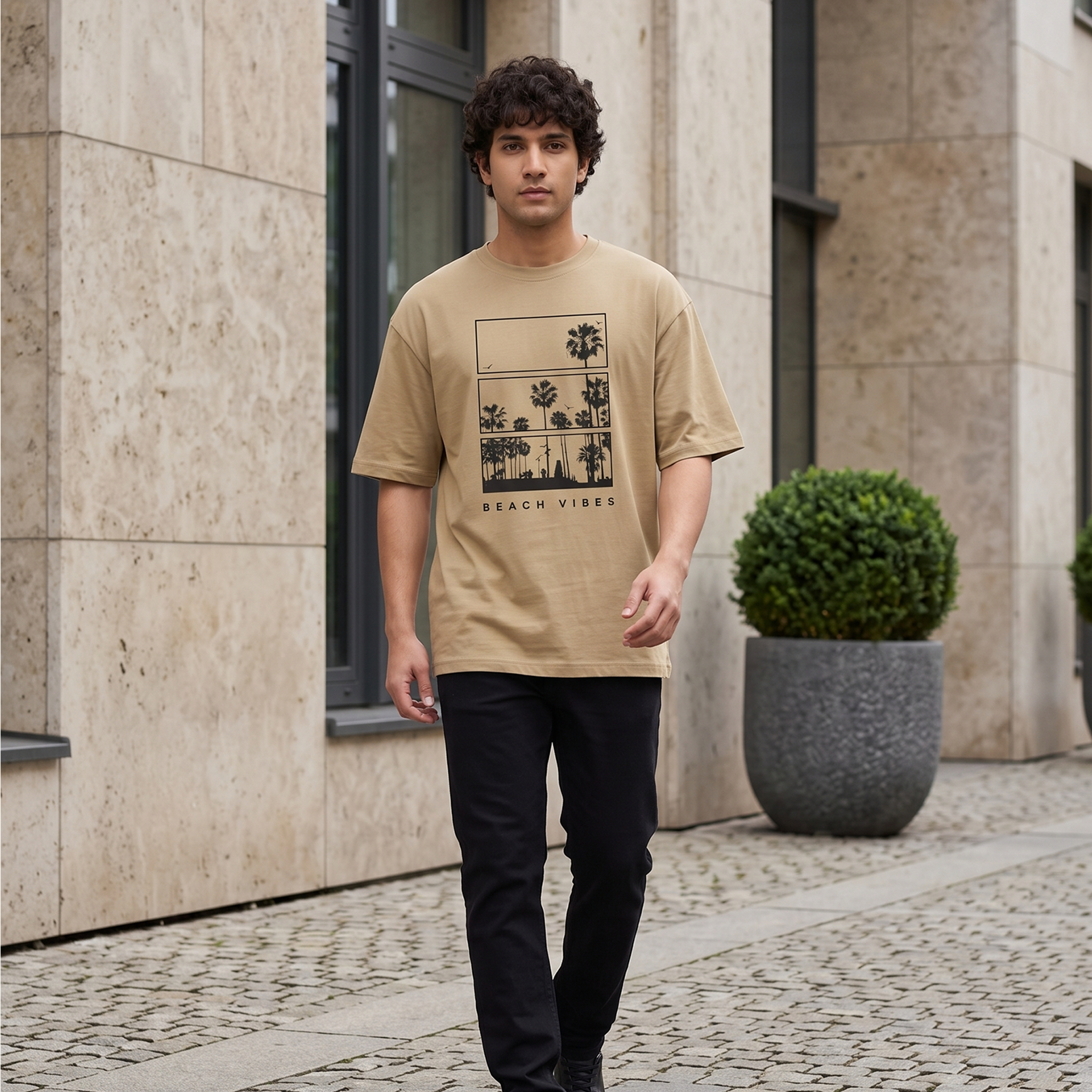 Men's Beach Vibes Graphic Oversized Beige T-Shirt