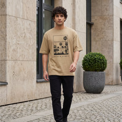 Men's Beach Vibes Graphic Oversized Beige T-Shirt