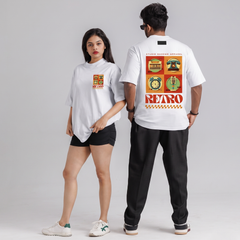 White Retro Grid Back Print Oversized T-Shirt