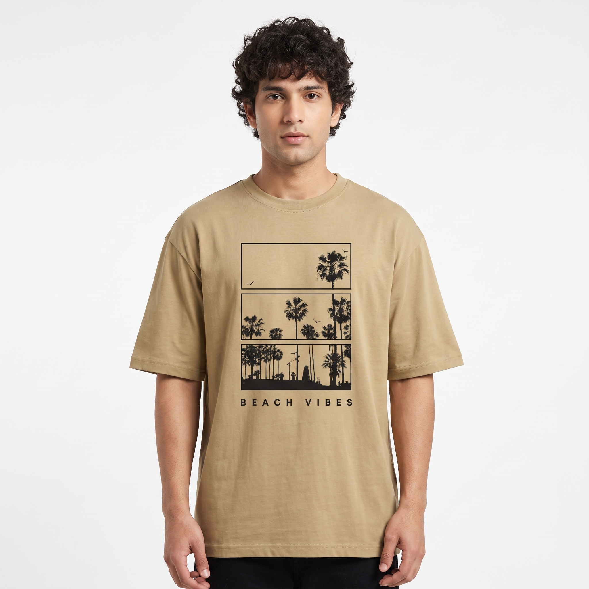 Men's Beach Vibes Graphic Oversized Beige T-Shirt