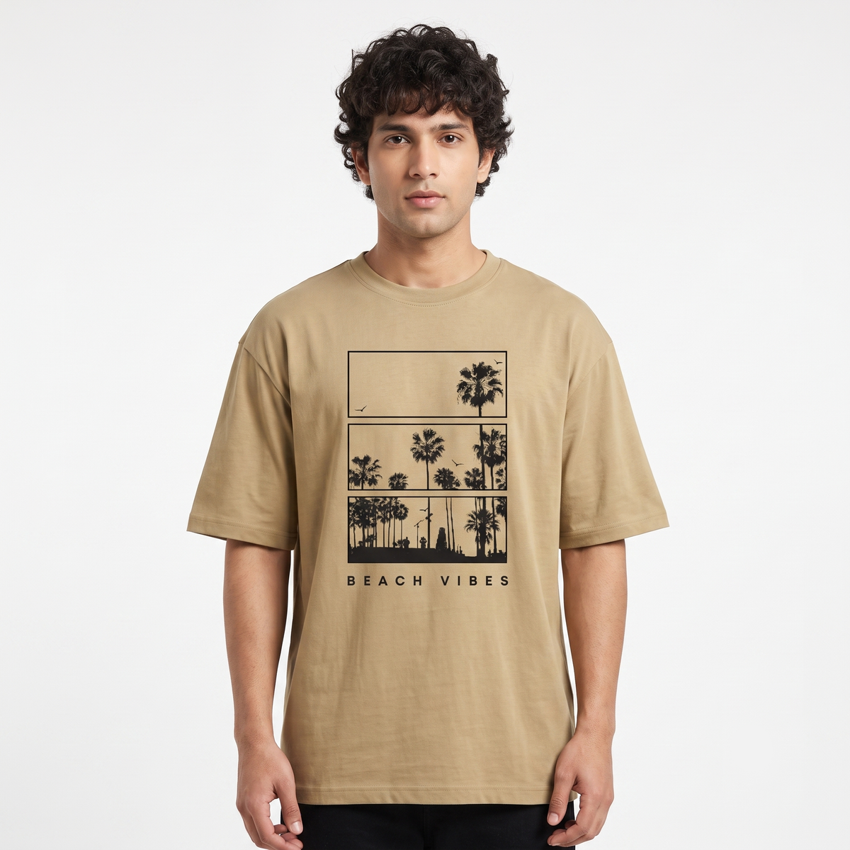 Men's Beach Vibes Graphic Oversized Beige T-Shirt