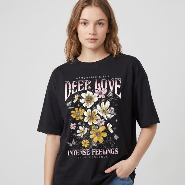 Women's "Deep Love" Floral Graphic Oversized Black T-Shirt