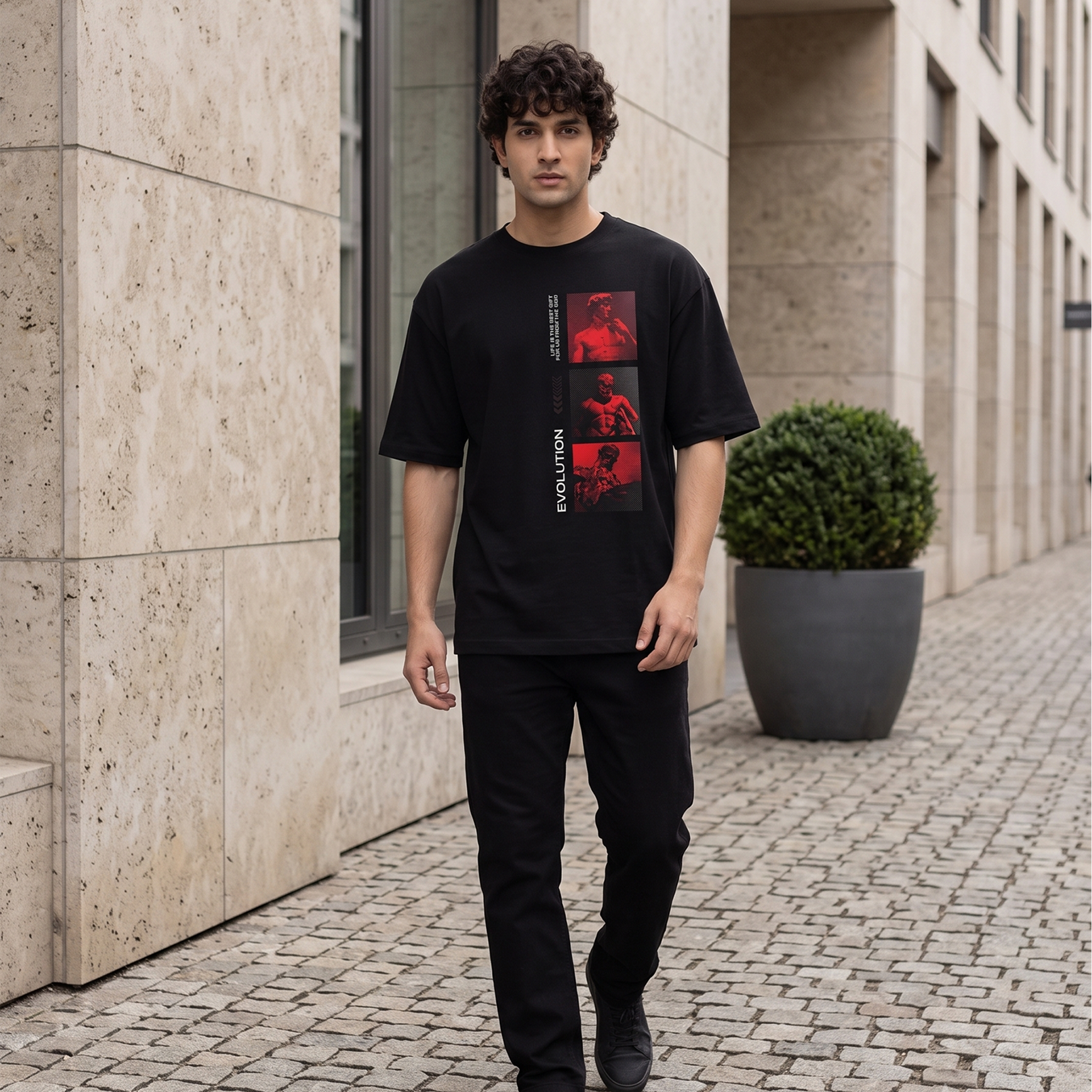 Men's Red Statue Evolution Graphic Oversized Black T-Shirt