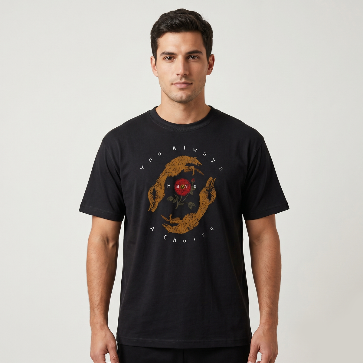 Men's Black Wolf & Rose Graphic Oversized T-Shirt