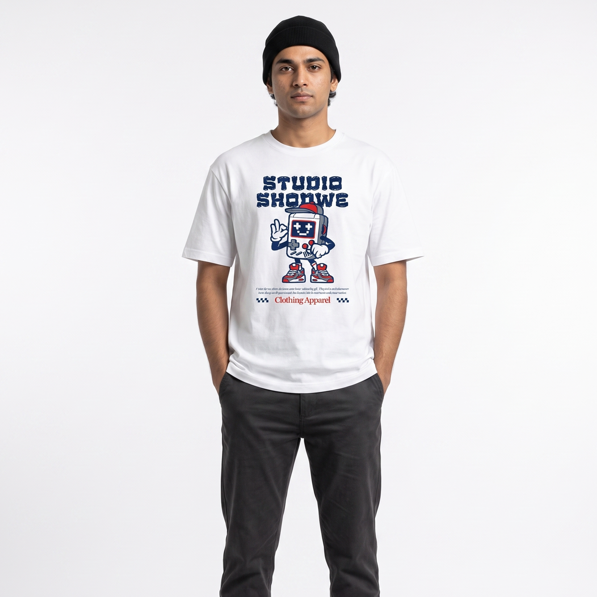 Men's White Gamer Robot Graphic Oversized T-Shirt