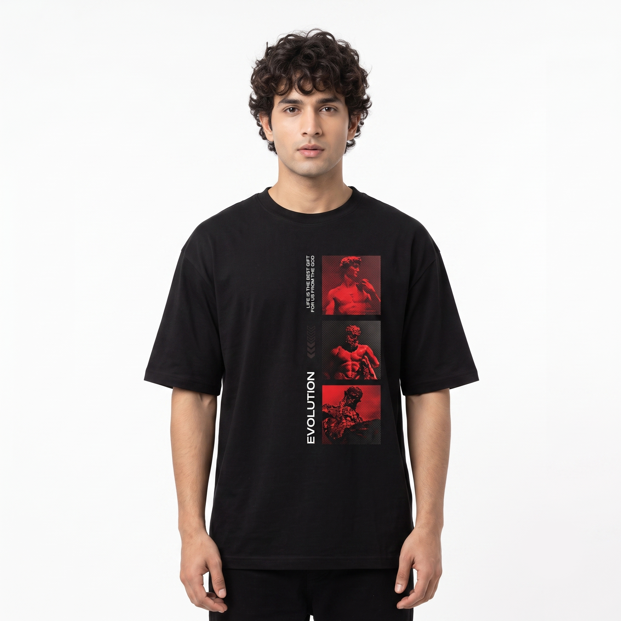 Men's Red Statue Evolution Graphic Oversized Black T-Shirt
