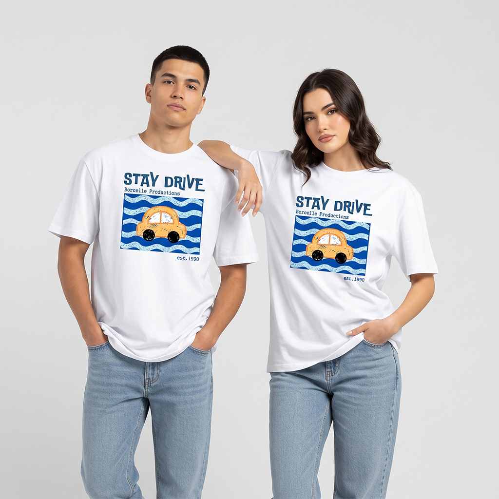 Unisex Stay Drive Graphic Oversized White T-Shirt