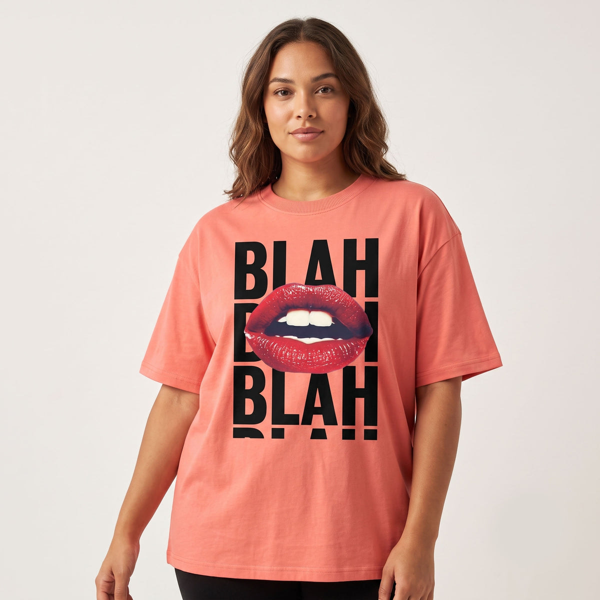 Women's "Blah Blah" Graphic Oversized Coral T-Shirt