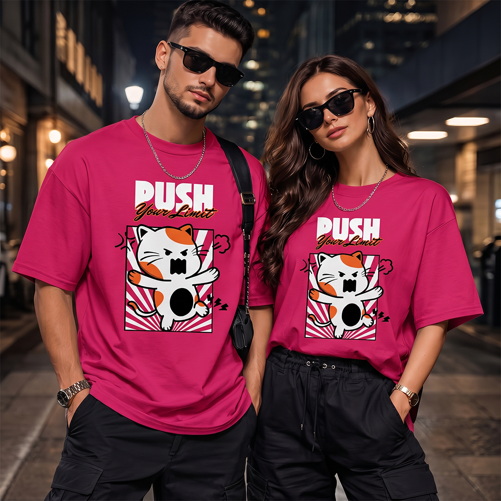 Unisex Push Your Limit Anime Cat Oversized Pink T-Shirt