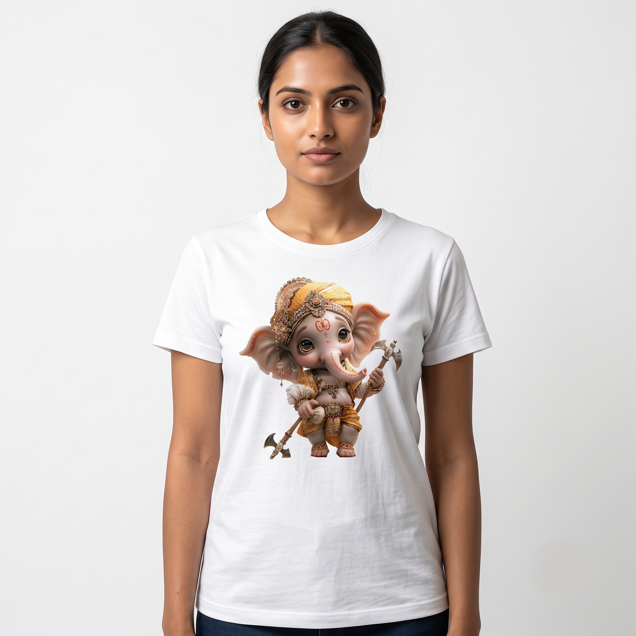 women's White Baby Ganesha Graphic T-Shirt