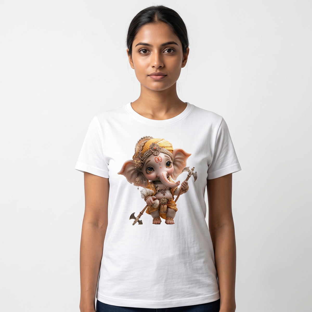 women's White Baby Ganesha Graphic T-Shirt