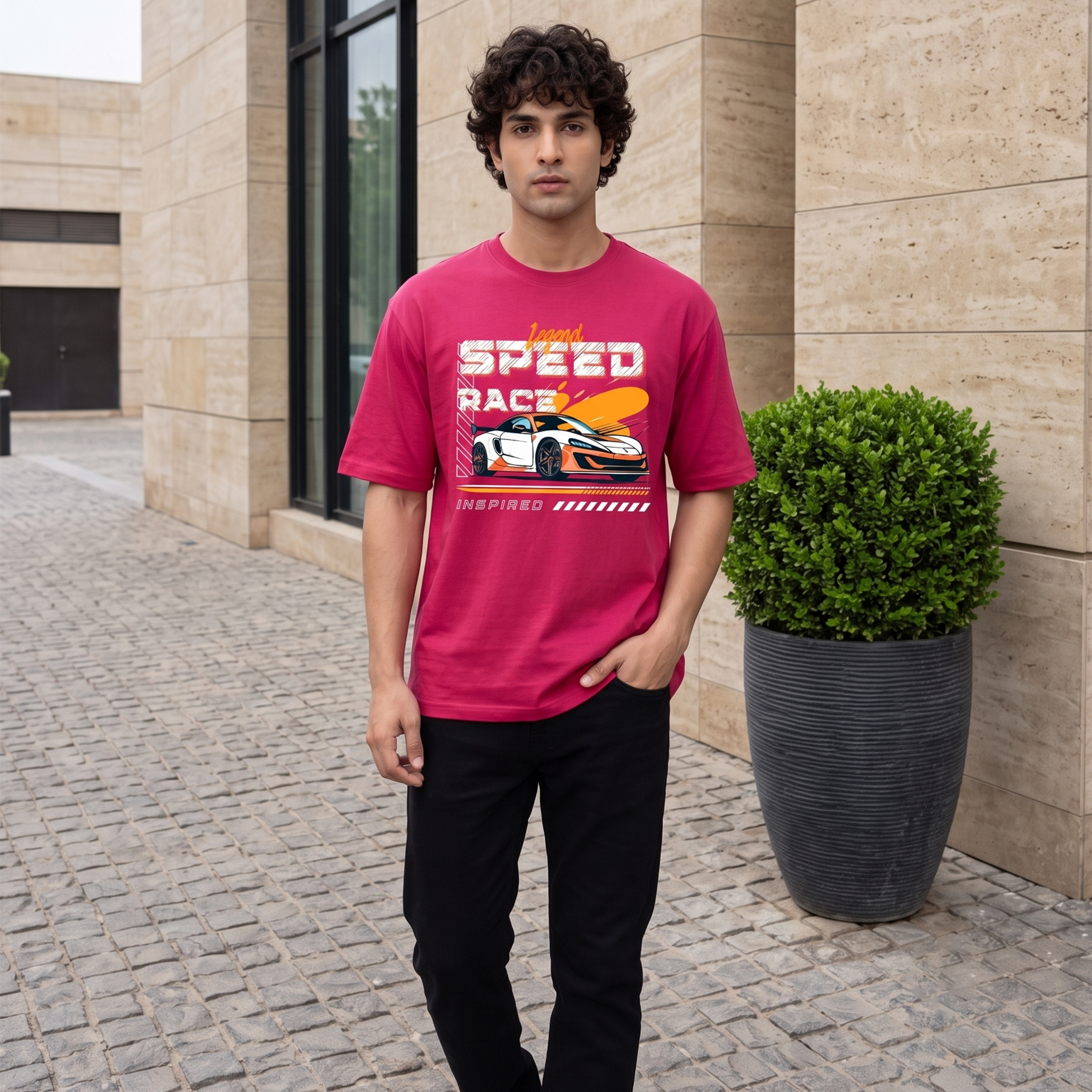 Men's Speed Race Graphic Oversized Magenta T-Shirt