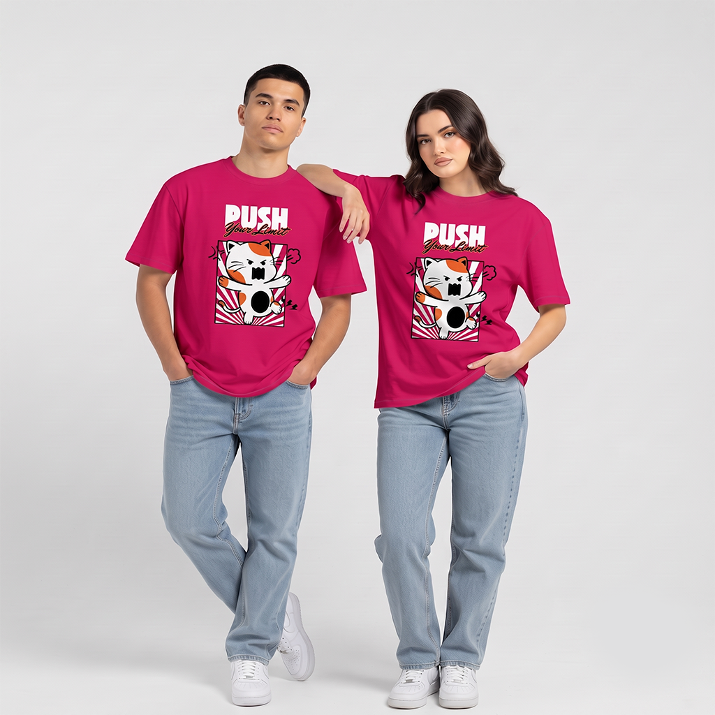 Unisex Push Your Limit Anime Cat Oversized Pink T-Shirt