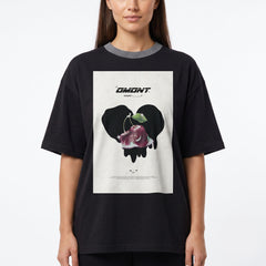 Women's Edgy Cherry Heart Graphic Oversized Black T-Shirt