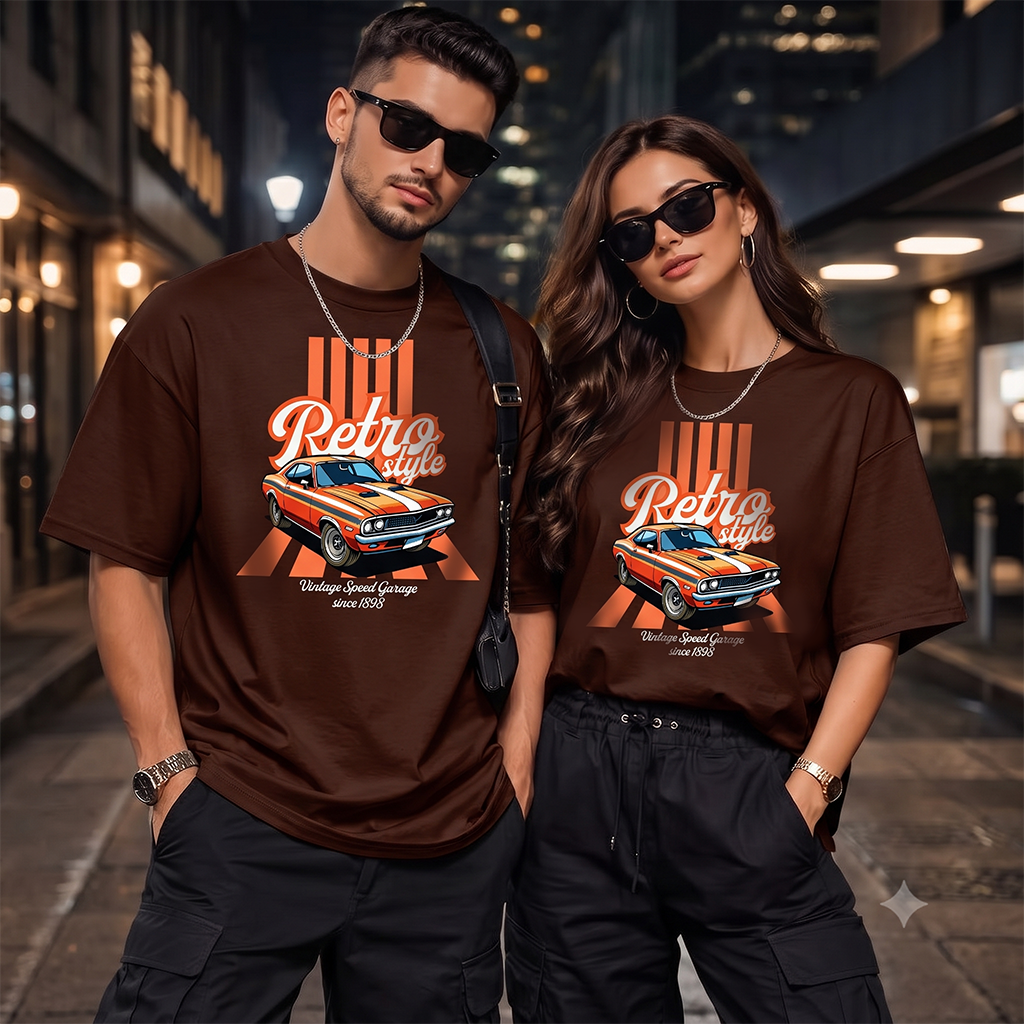 Unisex Retro Muscle Car Graphic Brown Oversized T-Shirt