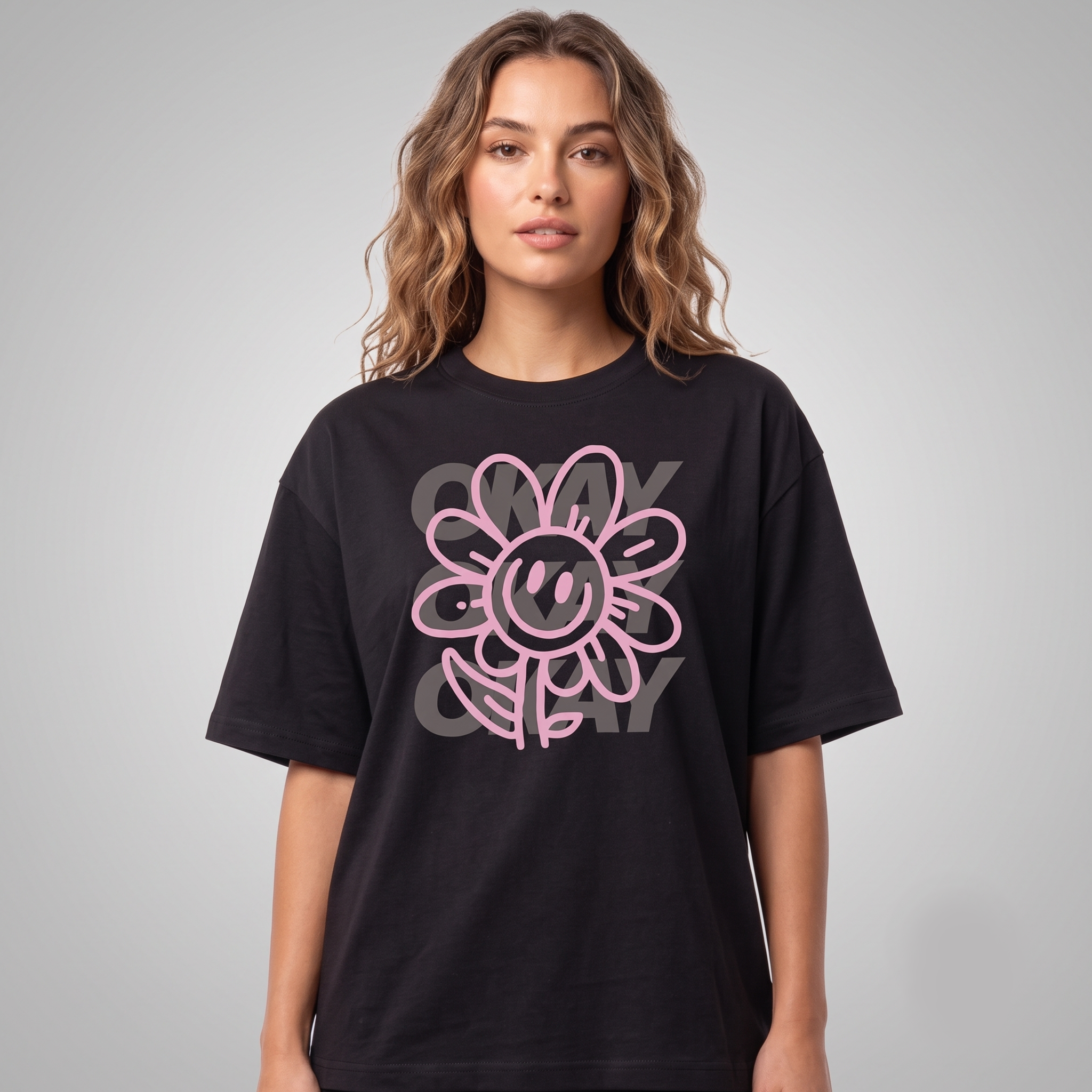 Women's Black Okay Flower Graphic Oversized T-Shirt