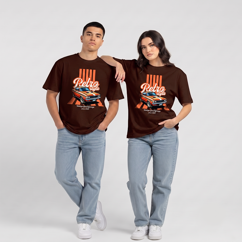 Unisex Retro Muscle Car Graphic Brown Oversized T-Shirt