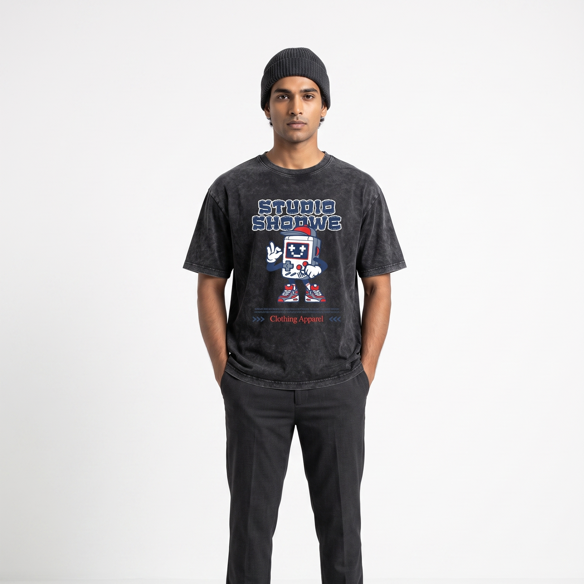 Men's Charcoal Gamer Robot Graphic Oversized T-Shirt
