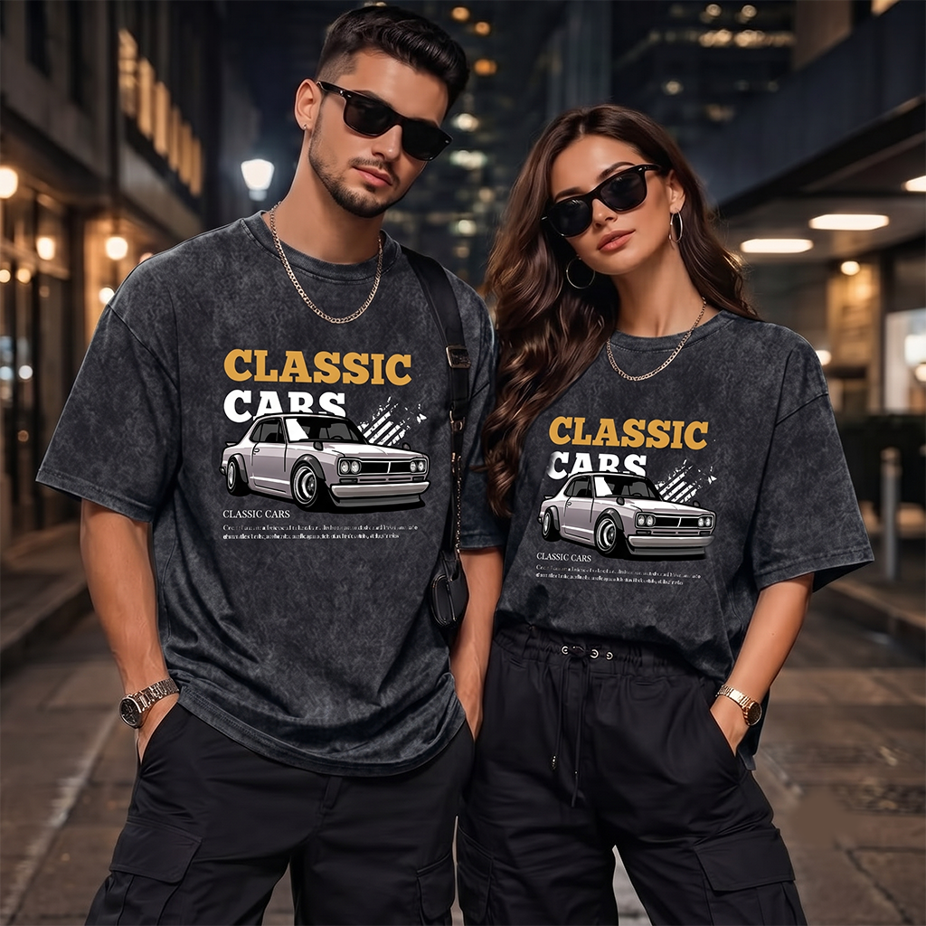 Unisex Vintage Wash Grey Classic Car Graphic T-Shirt