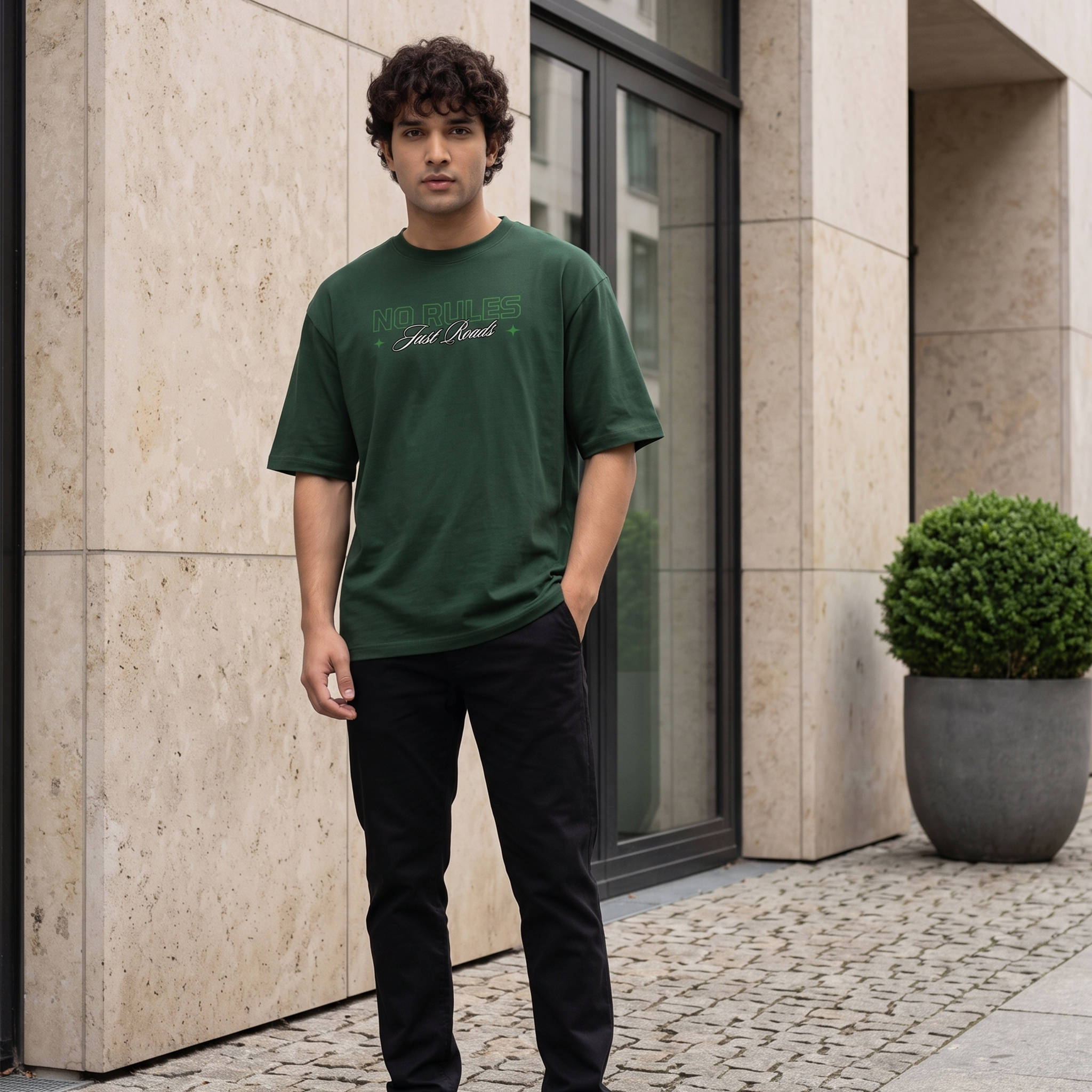 Men's No Rules Graphic Oversized Dark Green T-Shirt