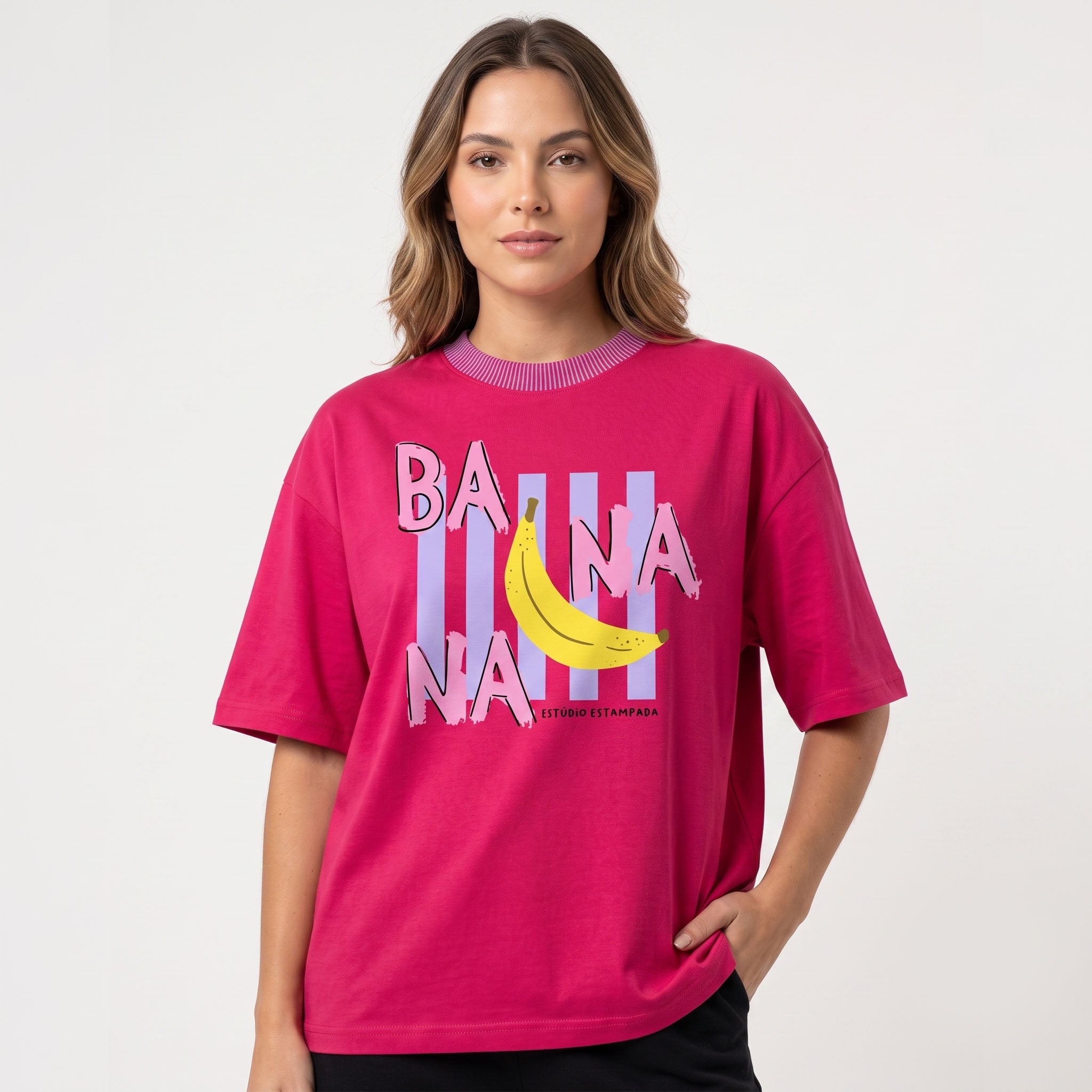 Women's Pop Art Banana Graphic Oversized Pink T-Shirt