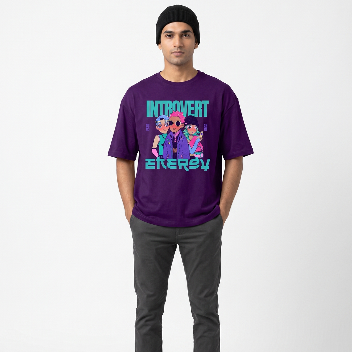 Men's Purple Introvert Energy Anime Graphic Oversized T-Shirt