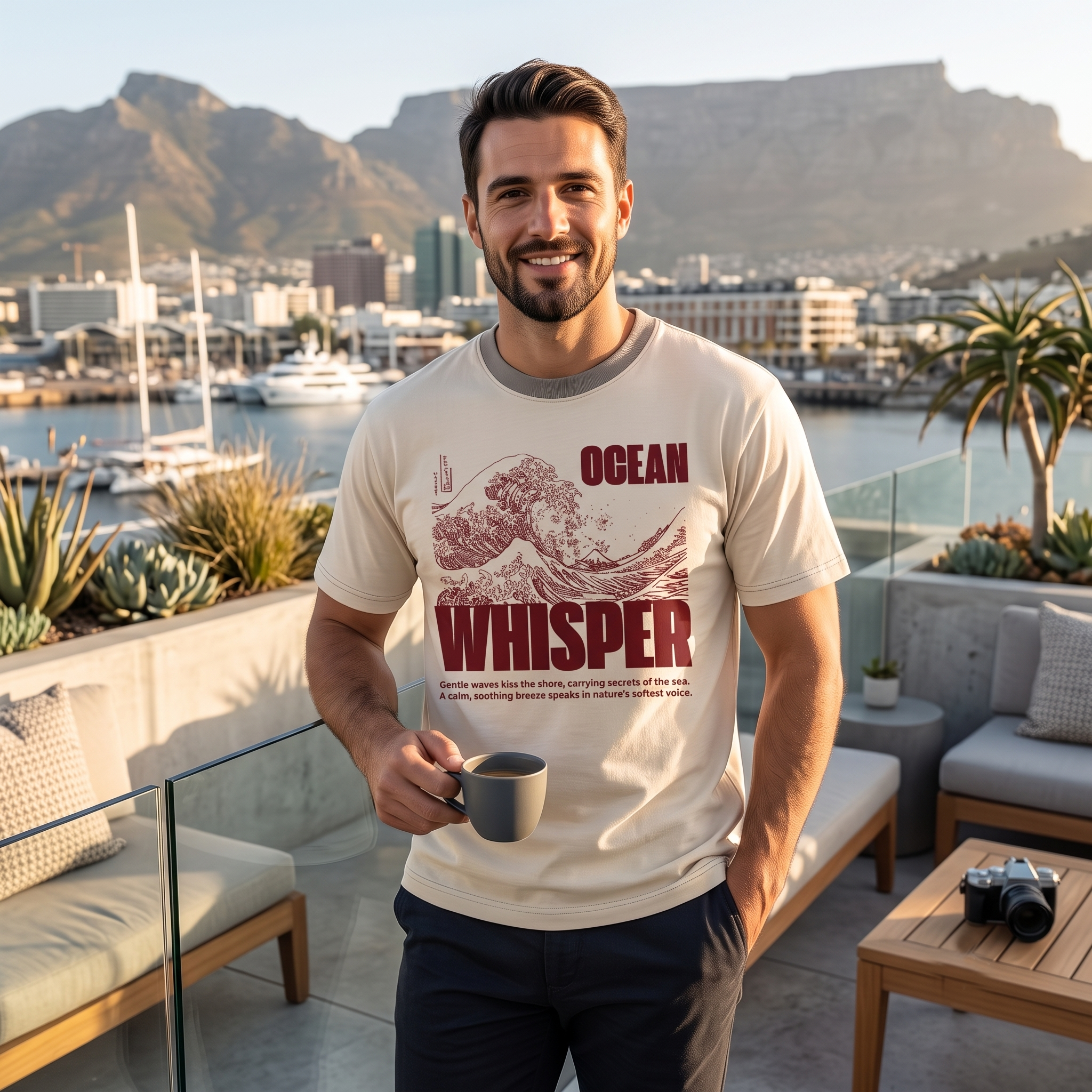 Men's Beige Ocean Whisper Graphic Streetwear T-Shirt