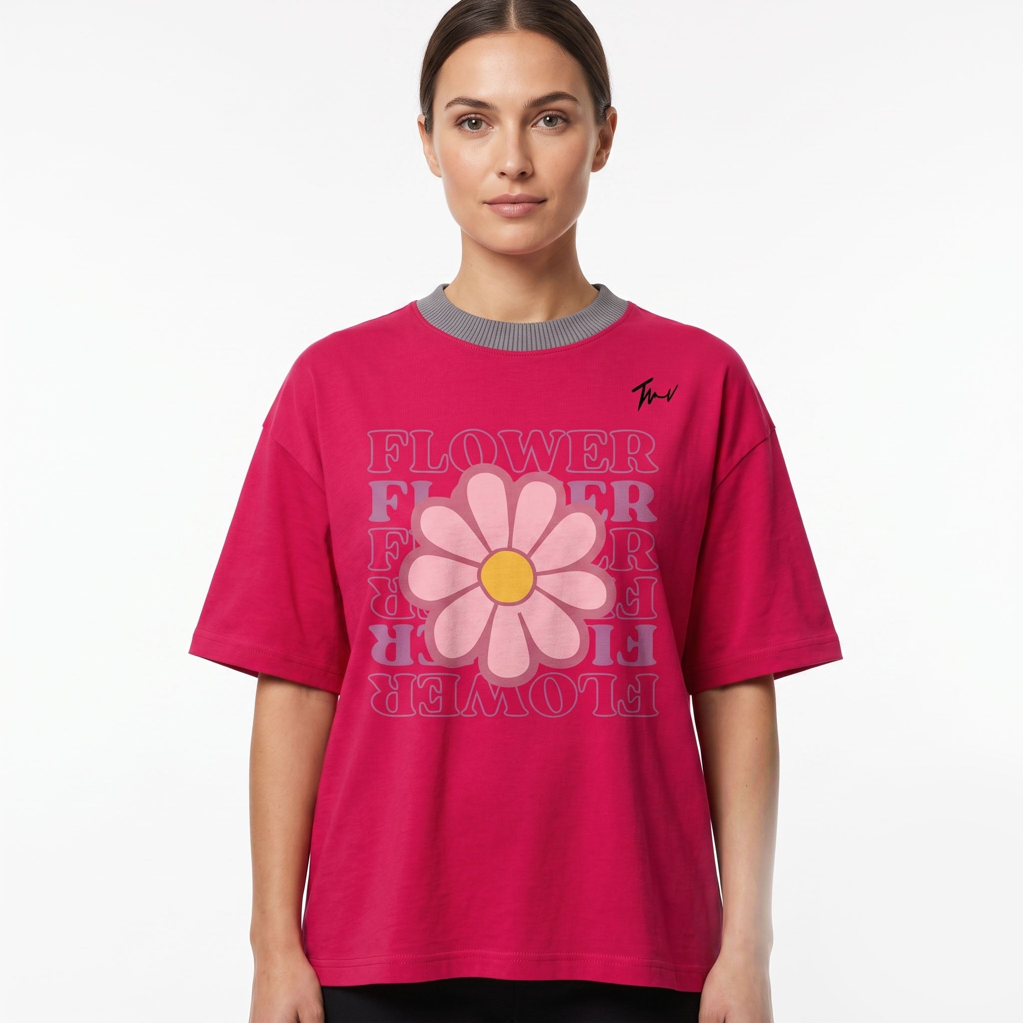 Women's Retro Flower Graphic Oversized Pink T-Shirt