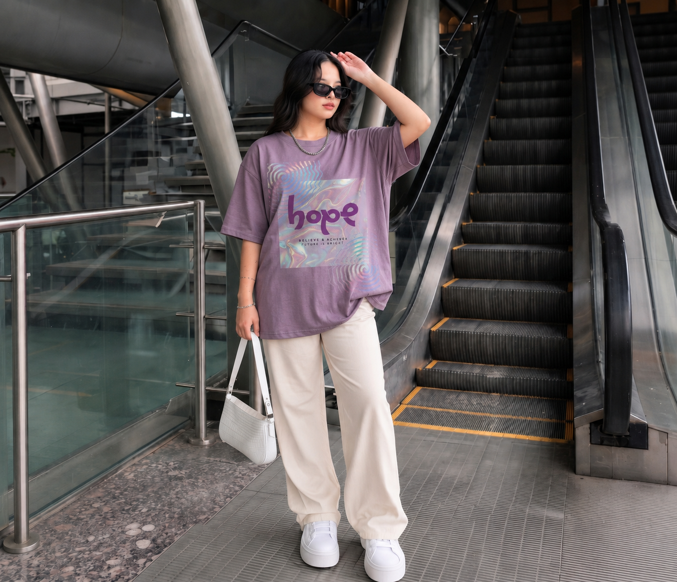 Women's Hope Holographic Graphic Oversized Purple T-Shirt