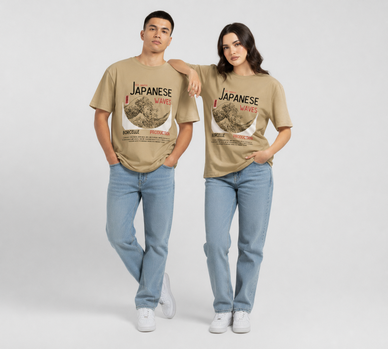 Unisex Japanese Wave Graphic Beige Oversized T-Shirt