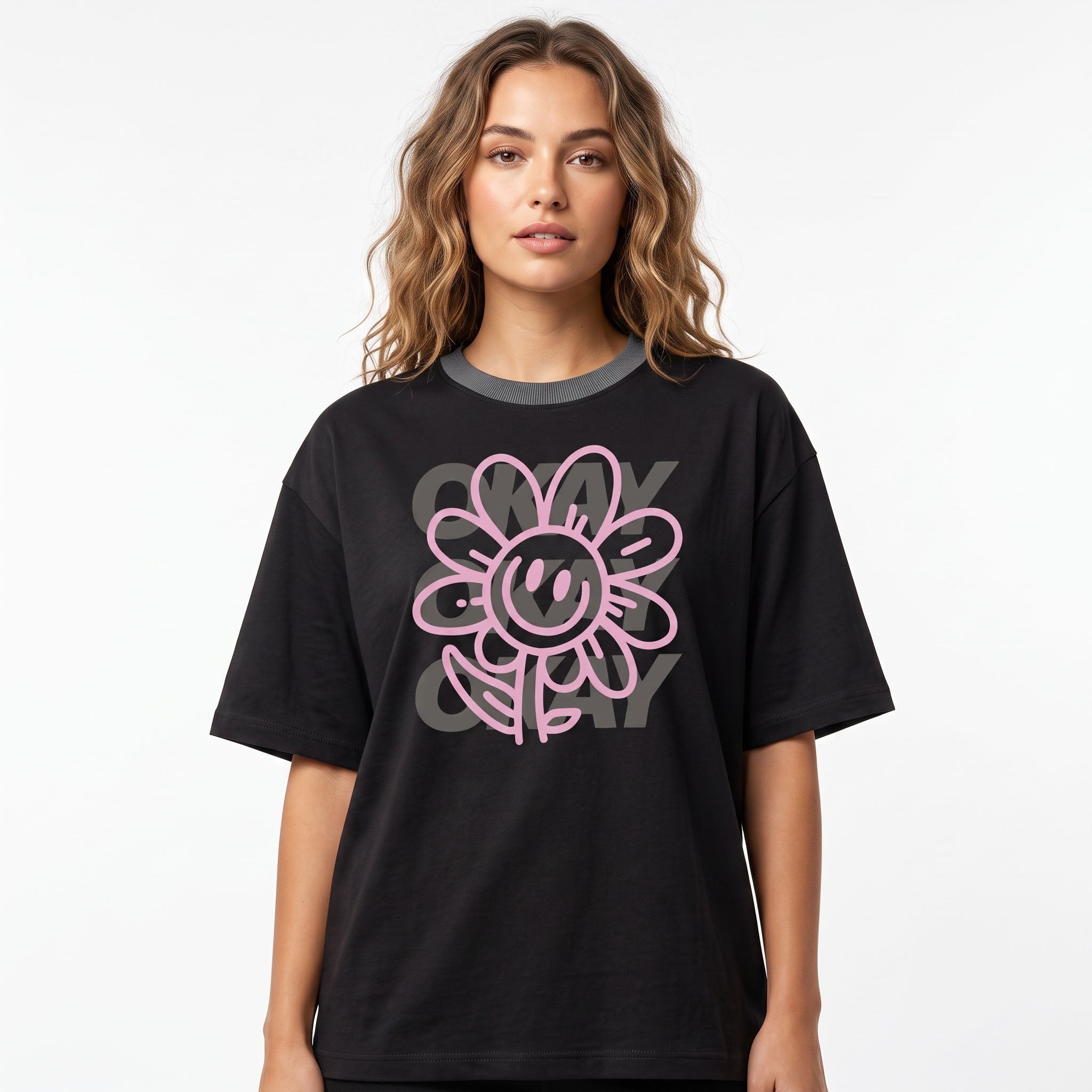 Women's Black Okay Flower Graphic Oversized T-Shirt